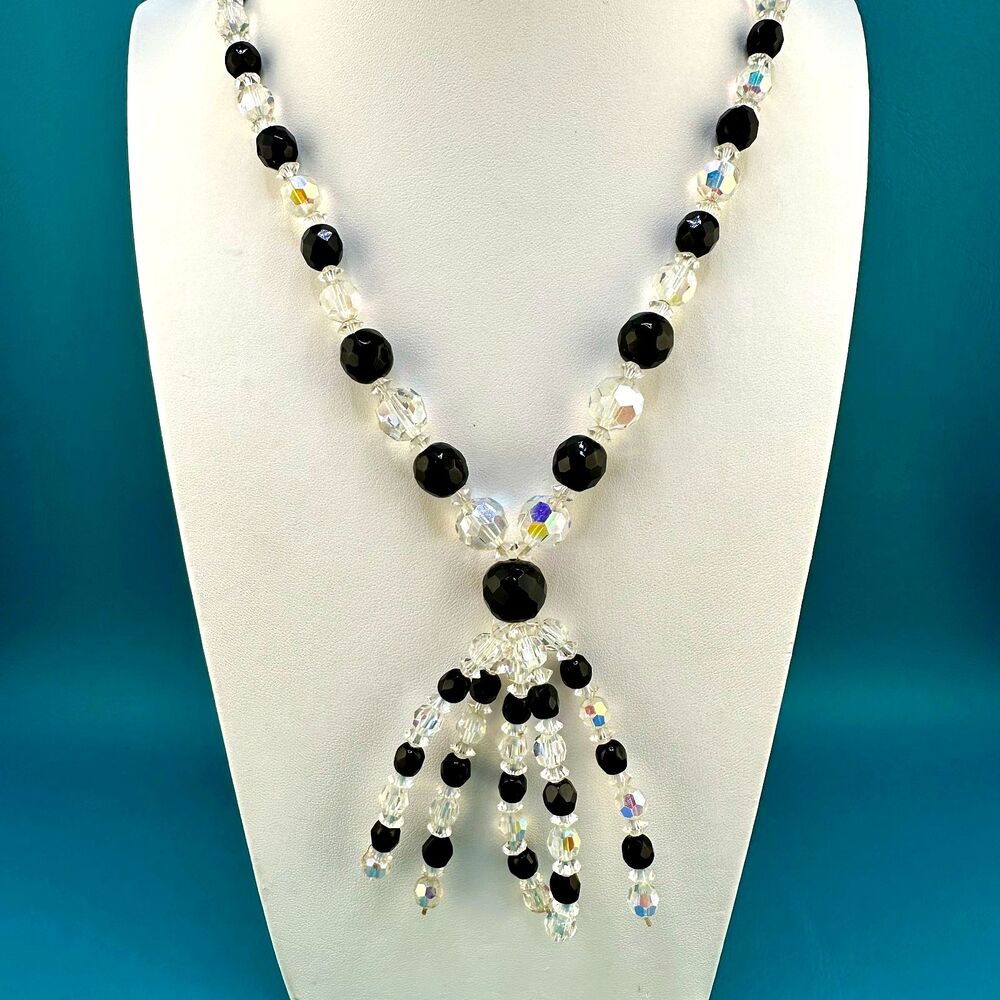 Vintage Tassel Necklace AB Faceted Glass Black Bead Lavalier Sterling Clasp 22"
